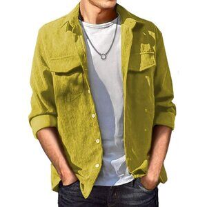 Men Yellow Corduroy Shirt Casual Long Sleeve Button Up Jacket Style Top